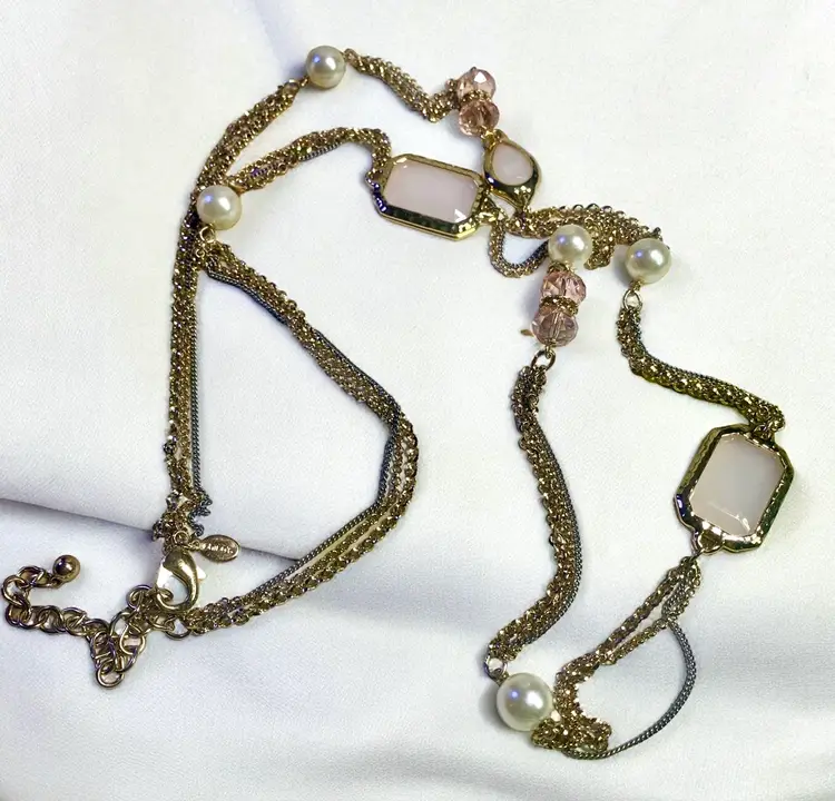 Chico’s Long Gold Tone Statement Chain Necklace Jewelry Pink Crystal Faux Pearl