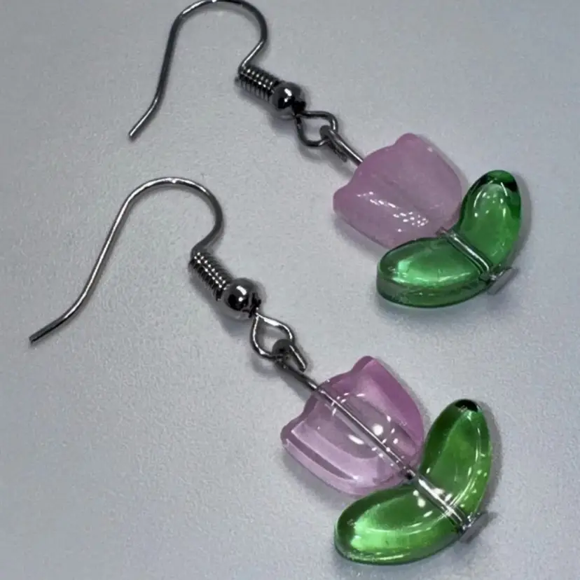 Pink Lampwork Tulips Flower Handmade Dangle/Fishhook Earrings
