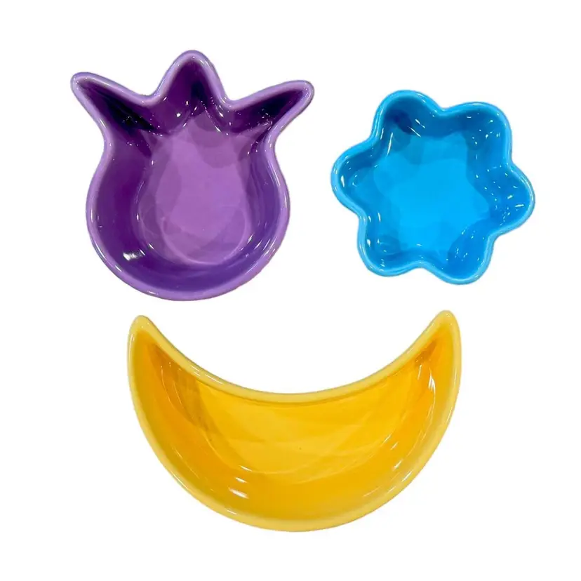Chantal Blue Daisy, Purple Tulip, and Yellow Moon Shaped Stoneware Ramkins