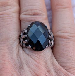 Vintage Sterling Silver Ring with Faceted Oval Onyx Stone, Size 7.25