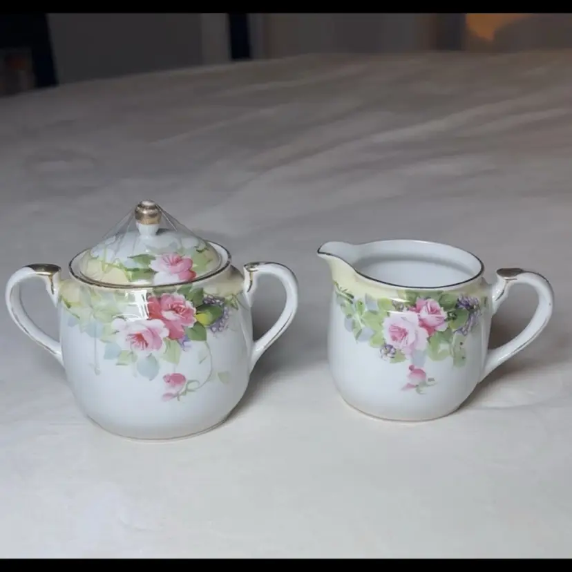 Vintage Nippon Hand Painted Sugar Bowl & Creamer Gold Trim