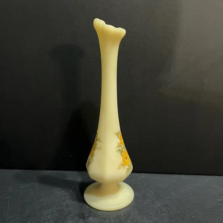 Fenton Hand Painted Floral Custard Satin Glass Bud Vase, Signed ~8” x 2.5” diameter