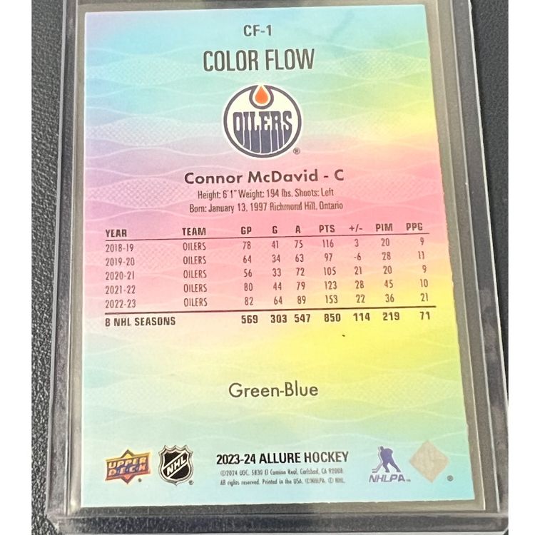 2023-24 Upper Deck Allure Green-Blue Color Flow #CF-1 Connor Mcdavid Oilers