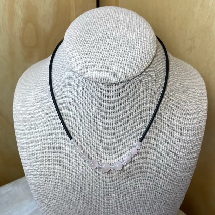 NWT Luperla Pink White Rose Quartz Polished Beads Black Tube Cord Wire Necklace