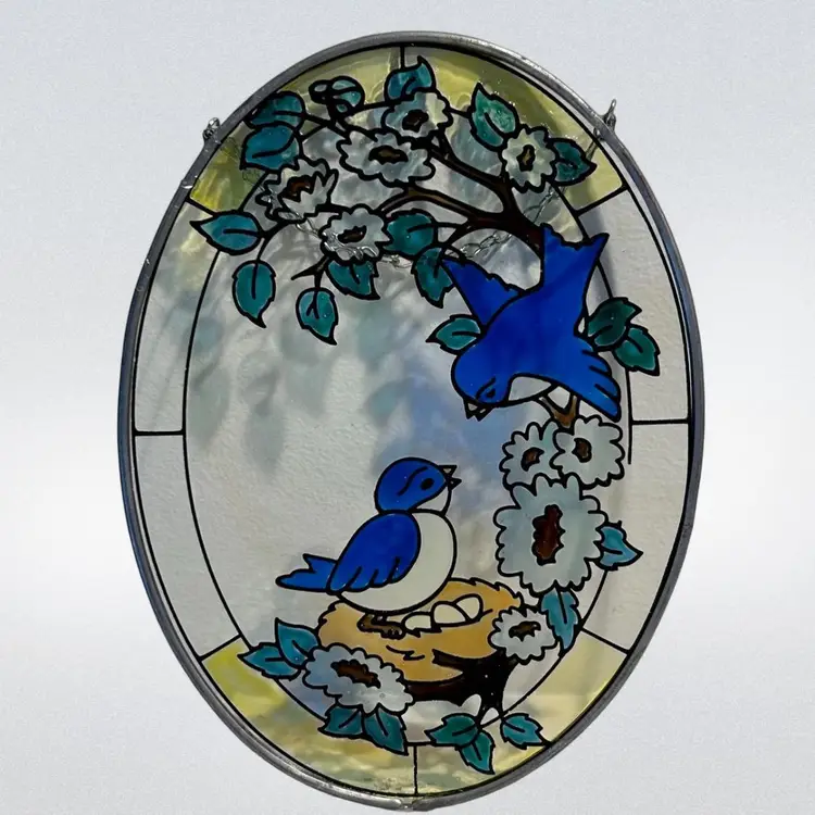 Glass Sun Catcher Blue Birds on Nest Spring Flowers Leaves Oval 9” x 6.5”