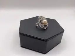 #50 Ring Adjustable Silver Tone Sarah Coventry Faux Pearl Center And Rhinestones