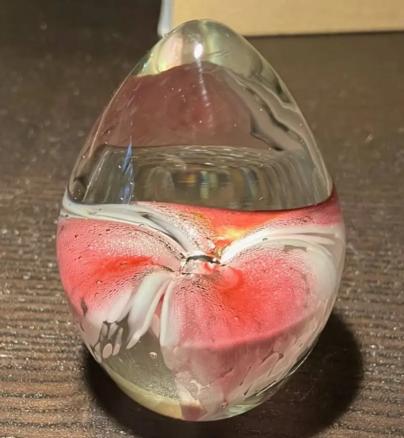 VTG Glass Eye Studios 1992 Pink and White Egg Shaped Paperweight