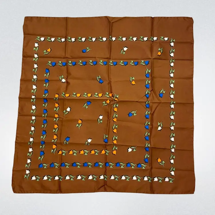 Vintage Scarf Brown Square Pattern Floral Made In Italy