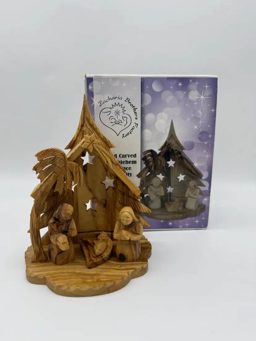 Zacharia Bros. Bethlehem Manger Mini Nativity Crib Hand Carved Olive Wood w/Box