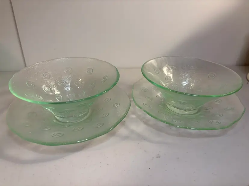 Vintage Set Of Two Green Recycled Glass Bowls With Saucers Swirl Design
