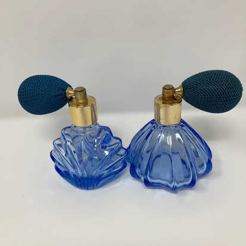 Vintage Blue Glass Perfume Bottles with Working Atomizers!  5 3/4” Tall 2 1/2” & 3” Wide! READ! Tiny Chip On One As Seen In Last Close Up Picture!