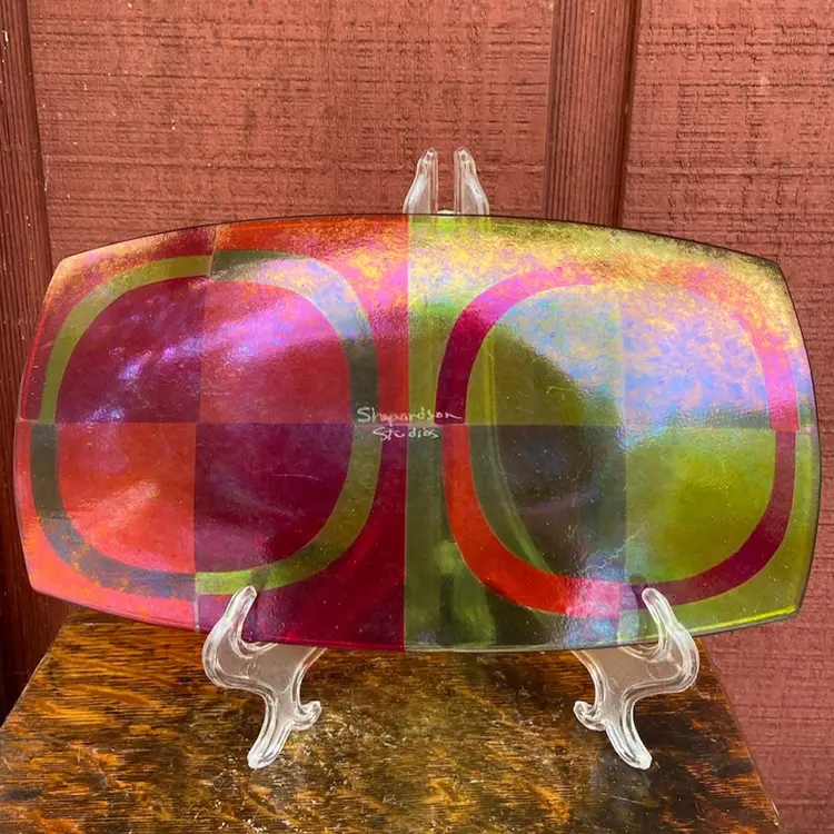 Dichroic Fused Glass Plate. 12” x 6.5”. Signed Shepardson Studios.