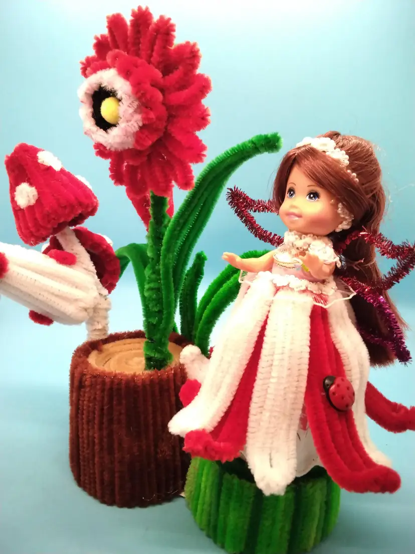 Handcrafted Pipecleaner Fairy Garden Doll with Pipe Cleaner Flowers, made By Me
