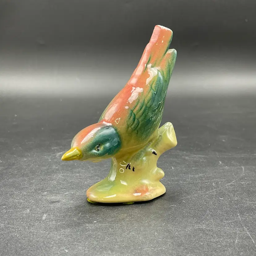 Bird on Branch Ceramic Figurine Vintage Pink Green