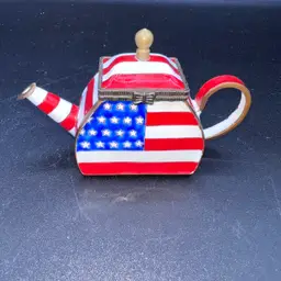 Vintage Kelvin Chen Enamel On Metal Teapot Trinket God bless America Flag