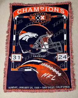 Denver Broncos Super Bowl XXXII 32 1998 Championship Throw Blanket - Made in USA
