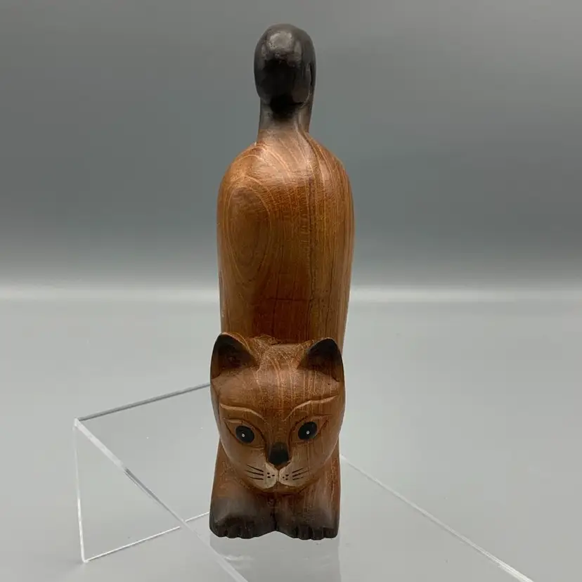 Cute Arched Back Brown Cat Hand Carved Solid Piece of Wood Halloween 6.5 in Tall