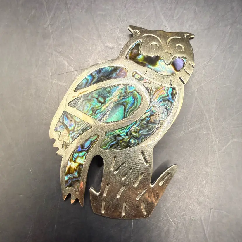 Alpaca Mexican Silver & Abalone Owl Brooch 2.25”