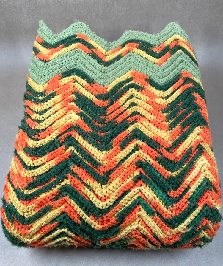70's Orange Yellow Green Chevron Herringbone Afghan Blanket Sofa Chair Throw