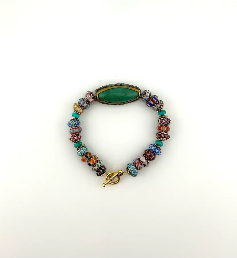 Upcycled Glass Chevron Bead Bracelet With Turquoise Tibetan Focal Bead 7”
