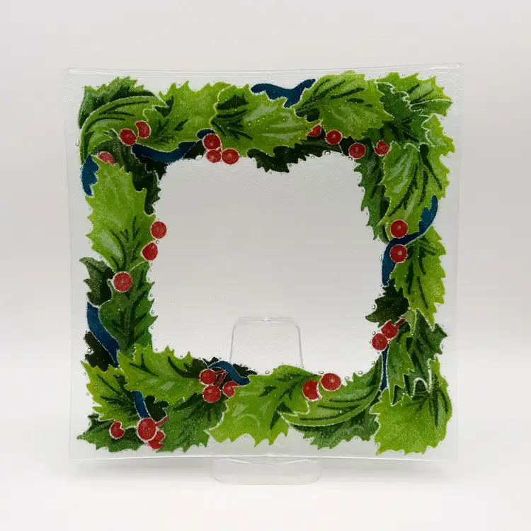 Peggy Karr Fused Glass Signed Christmas Holly Berry Square Serving Plate Tray