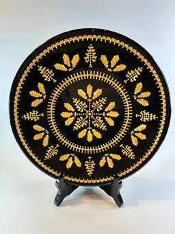 Vintage Russian Folk Art Wood Straw Inlay Marquetry Lacquered Plate 10” “as is”