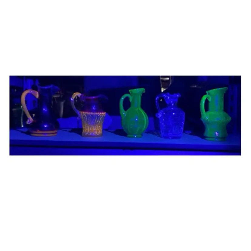 Glowing Lot Of Mini Pitchers Or Cruets Made Of Glass Amberina Blown