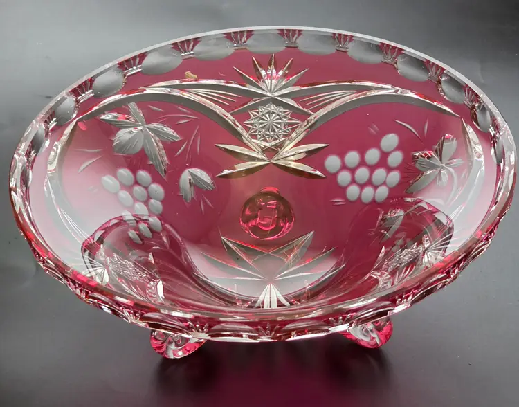 Cranberry cut to clear glass bowl
