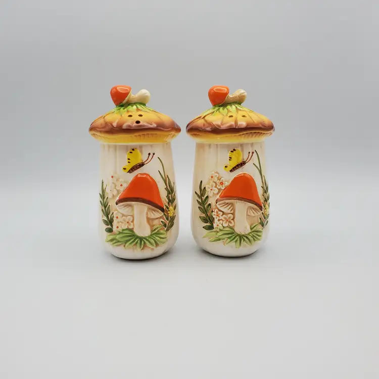 Vintage Mushroom Salt and Pepper Shakers with Butterfly Design