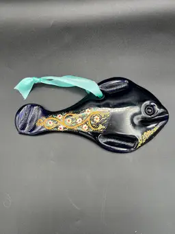 027. Stunning Cobalt Blue Glass Fish Hand Blown With Flower Appliqués Sun Catcher? 10”