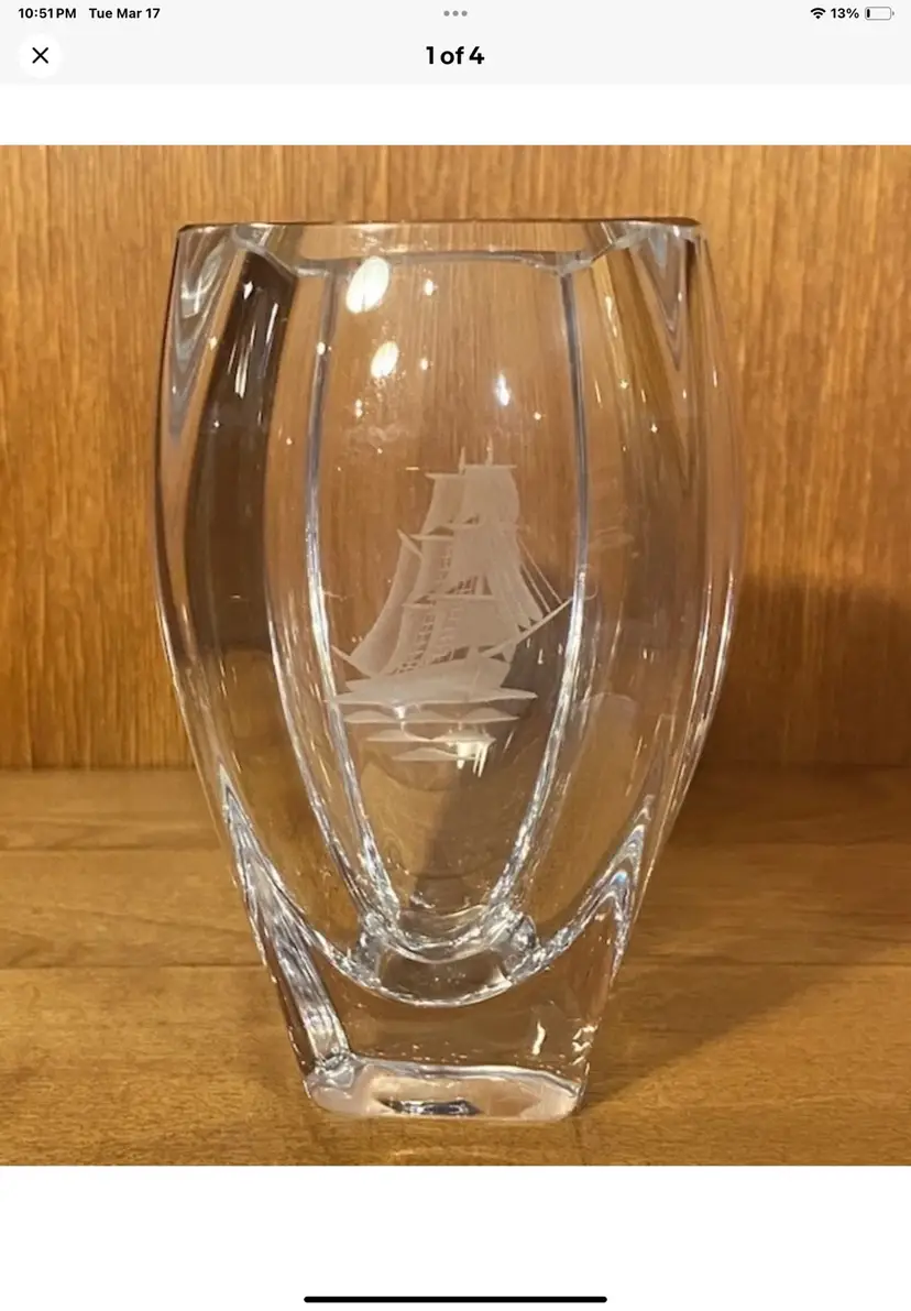 Vintage Skrufs Glasbruk Swedish Etched Glass Vase with Etched Ship-Signed
