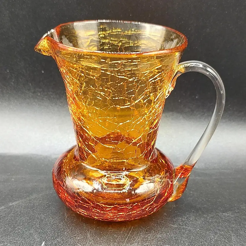 Vtg Hand Crafted Yellow Orange Crackle Glass Creamer With Applied Handle