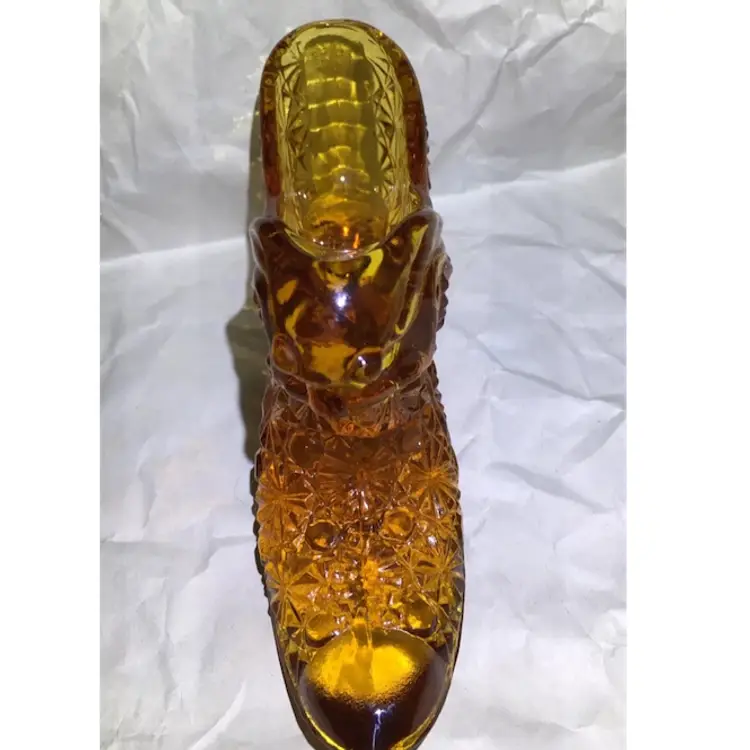 Fenton Honey Gold Amber Art Glass Shoe Daisy Button & Puma Cat Slipper VTG /#105