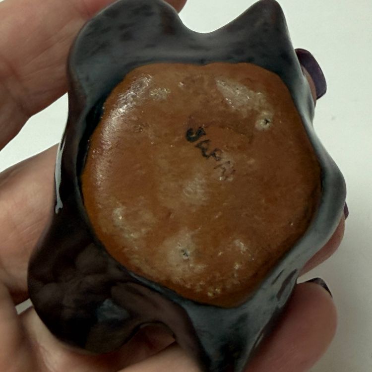 Vintage Redware Pottery Kitty Cat Head Open Mouth Handheld Ashtray Japan Retro