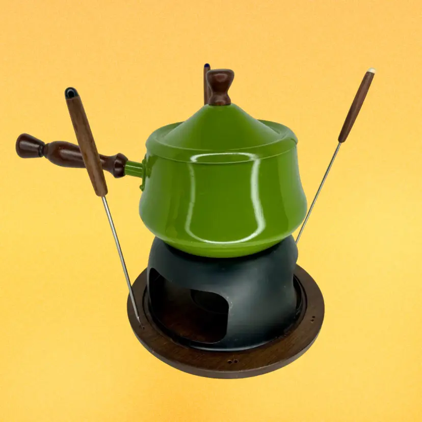 Vintage Fondue Set Mcm 1970s Green With Base Stand Pot Skewers Japan