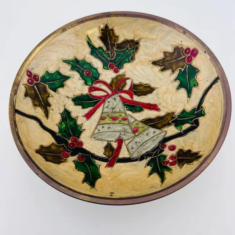 Vintage Brass Enamel Christmas Holly And Bells Pedestal Bowl 2.25”x 6”
