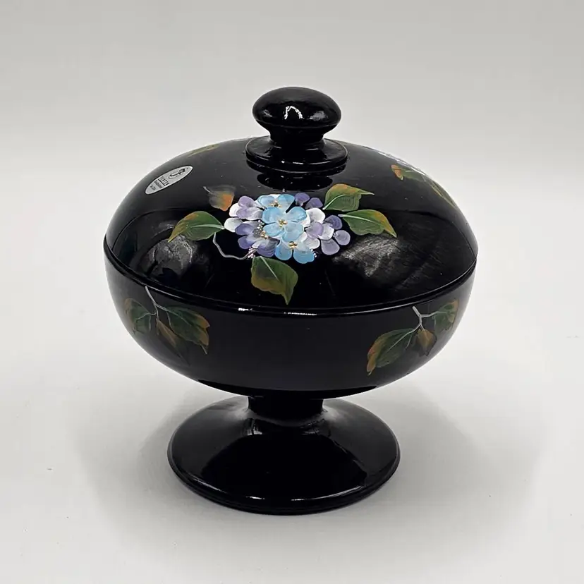 #19 Fenton Signed Shelley Fenton Blue Hydrangeas on Black Covered Candy Box