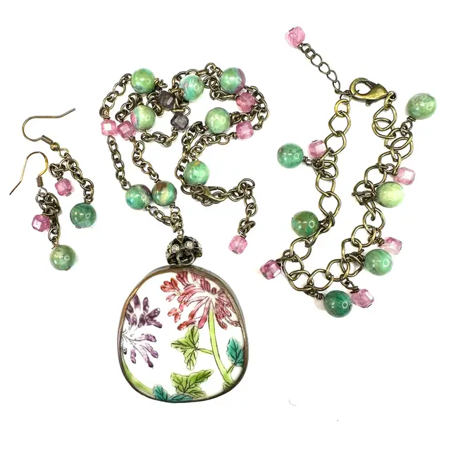 Jewelry Set Floral Pendant Parure Necklace Earrings Bracelet Brass Tone Stone Bead Handmade By Me