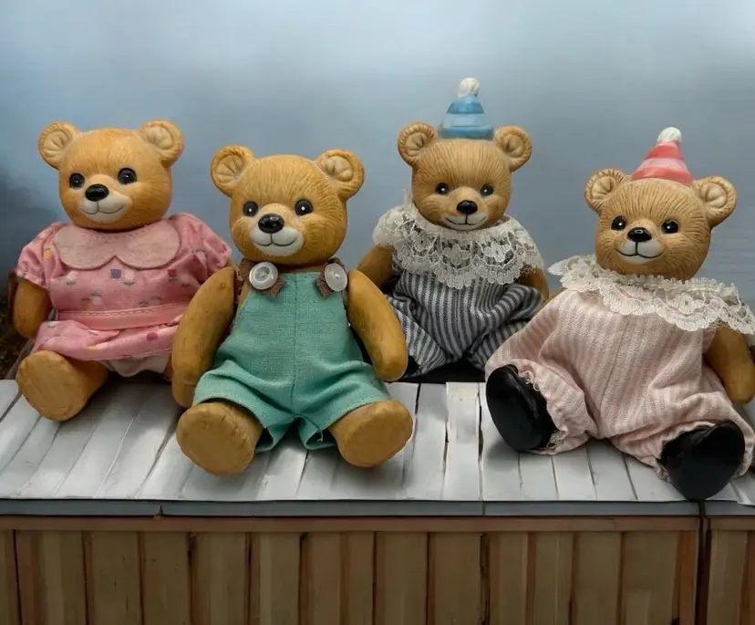 Vintage HOMCO Jointed Moveable Porcelain Bear Figurines With Real Clothes - Set Of 4!