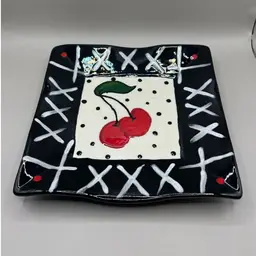 Glazed Ceramic Ruffled Dish Hand Painted Cherries 9”