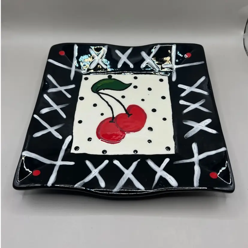 Glazed Ceramic Ruffled Dish Hand Painted Cherries 9”