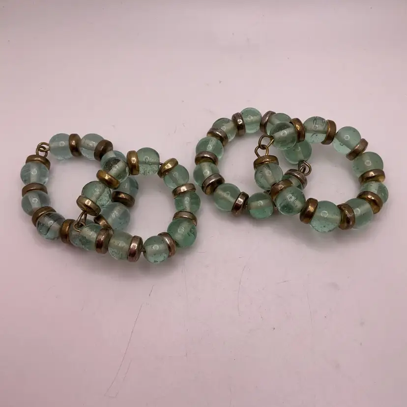 POW3 Set of 4 Green Glass & Metal Napkin Rings