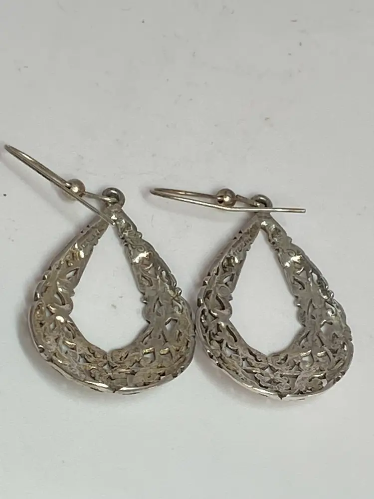 Vintage Jezlaine Sterling Silver 925 Open Teardrop Filigree Dangle Earrings, 2"