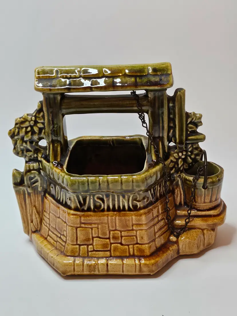 Vintage McCoy Pottery Wishing Well Ceramic Planter With Chain Green Brown