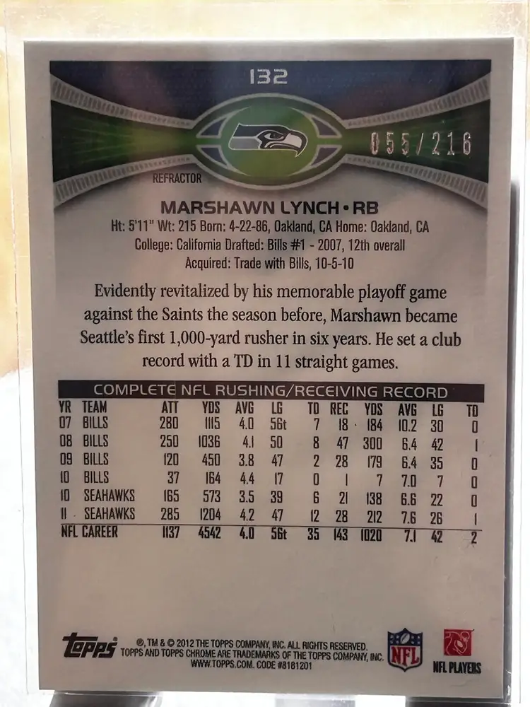 2012 Topps Chrome Marshawn Lynch X-Fractor #132 Refractor Seahawks 55/216