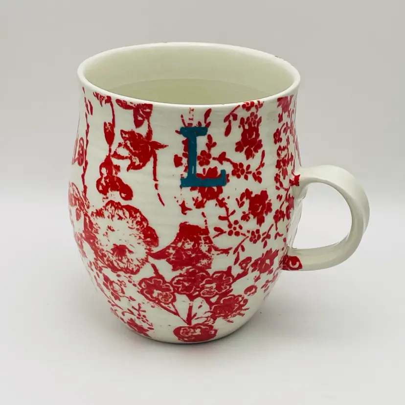 Anthropologie Homegrown Red Floral Bird “L” Initial Monogram Coffee Tea Mug