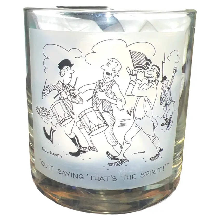 Bill Davey Low Ball Glass Cartoon Drinking Bar Comedy MCM Spirit Of ‘76 Collect