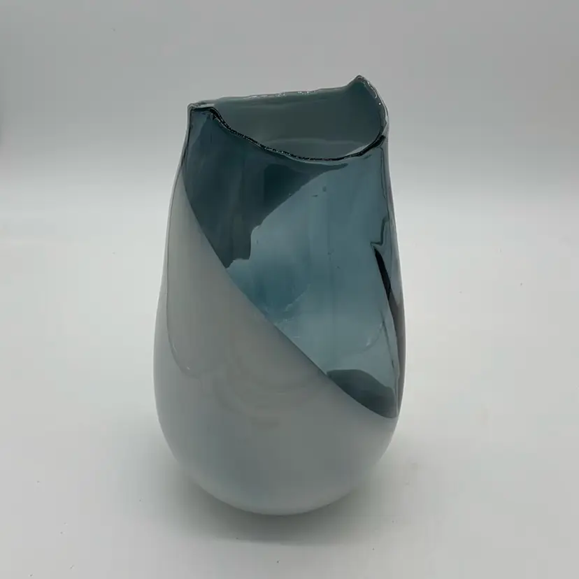 Vase Light Blue & White Free Form Rim 12”H Unique Statement Piece