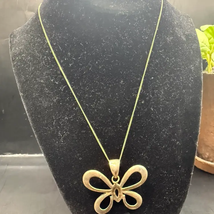 Sterling Silver 60s Modernist Butterfly Pendant MCM 1.25x1.5” On Sterling Diamond Cut Curb Chain 18”