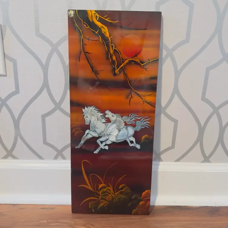 #107 Asian Wall Art, Four Red Wood Lacquer Panels, Mother Of Pearl Inlay Running Horses, 19x8,